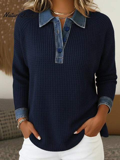 Casual Denim Paneled Polo Collar Button-down Waffle Top