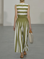 Women's Striped Cotton Two-piece Set: Crew Neck Sleeveless Loose-fit Top & High-waisted Wide-leg Pants