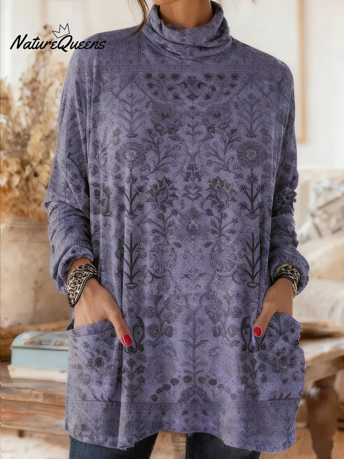 Women's Retro Print High-neck Long-sleeve Casual Loose Cotton Top