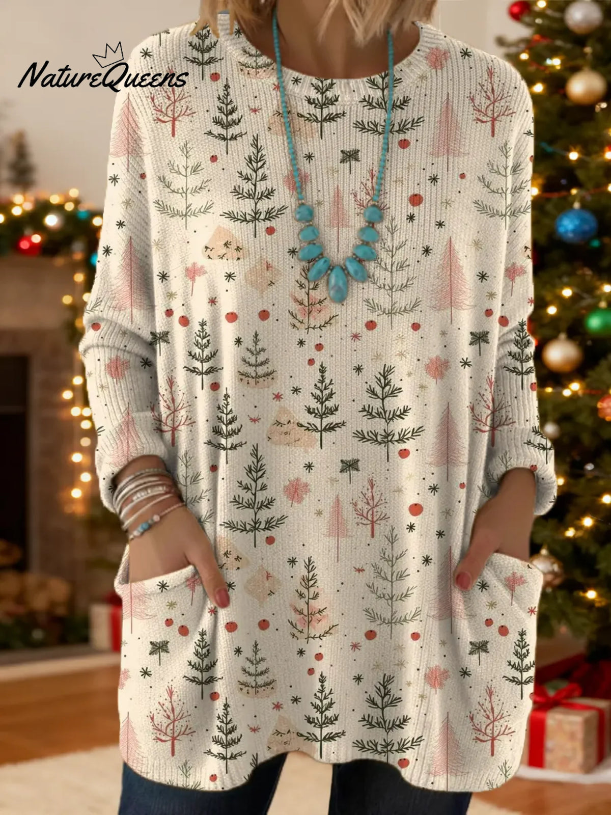 Women's Christmas Tree Art Print Casual Cotton Knitted Sweater