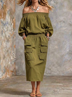 Women's Solid-color Off-shoulder 3/4 Sleeve Casual Loose Cotton-linen Dress