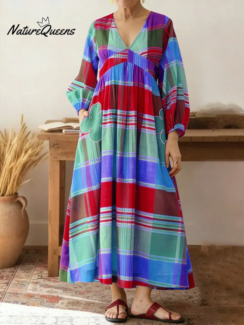 Women's Colorful Plaid Print V-neck Long Sleeve Casual Loose Cotton Linen Dress