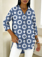 Denim Geometric Circle Decorative Pattern Women's Casual V Collar Shirt