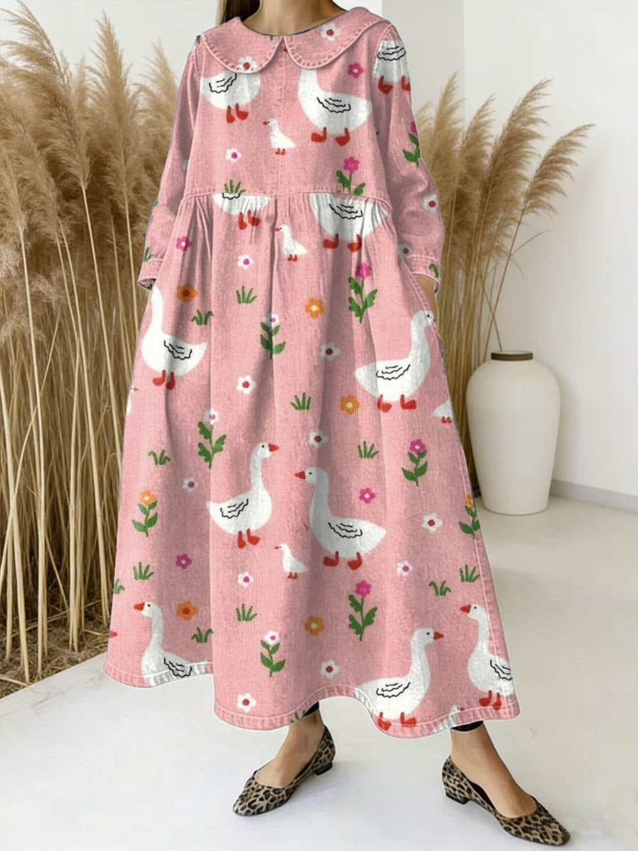 Women's Funny Goose Floral Art Print Peter Pan Collar Long-sleeved Loose Casual Denim Dress