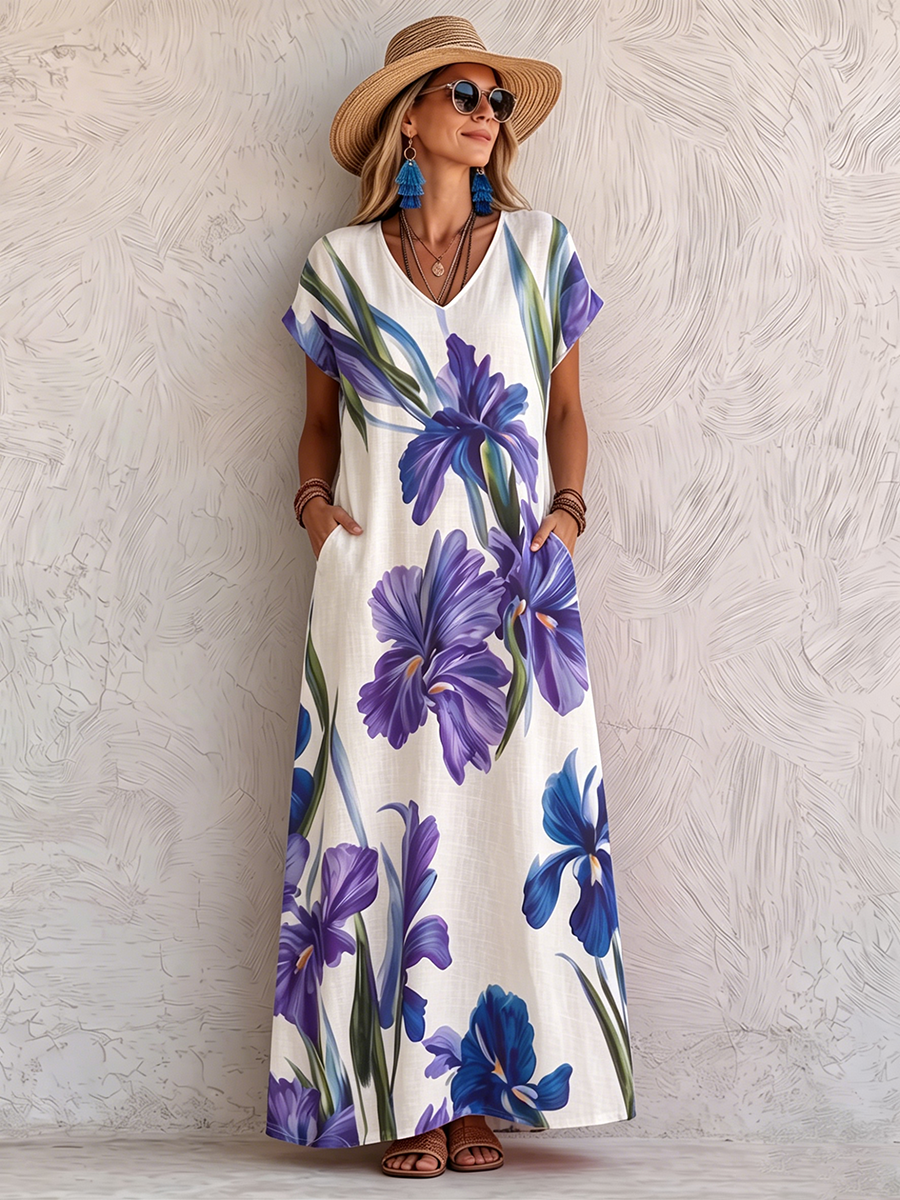 Vestido de vacaciones de algodón y lino con estampado artístico de acuarela de iris.