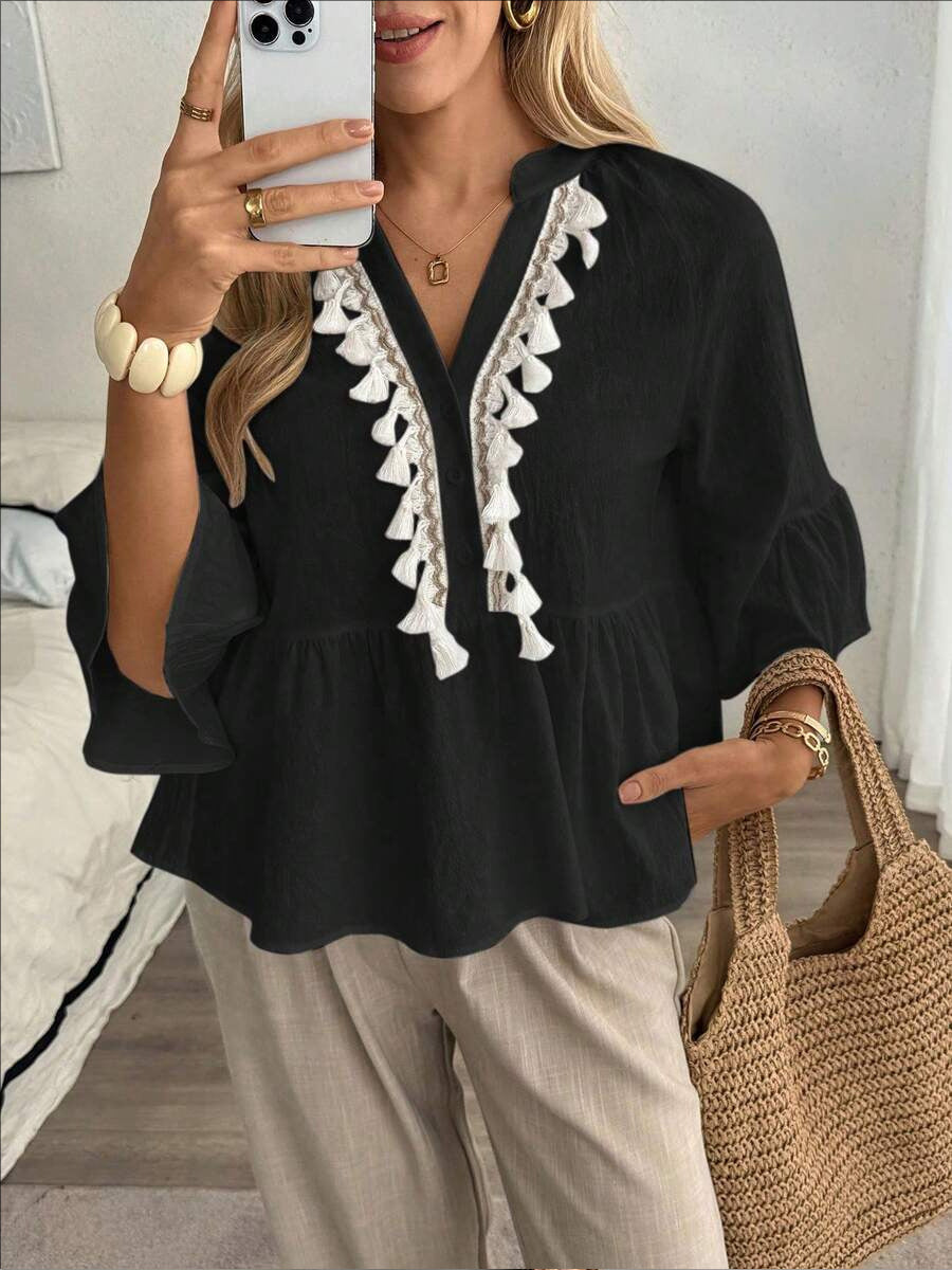 Women's V-neck Button Tassel Tie Top