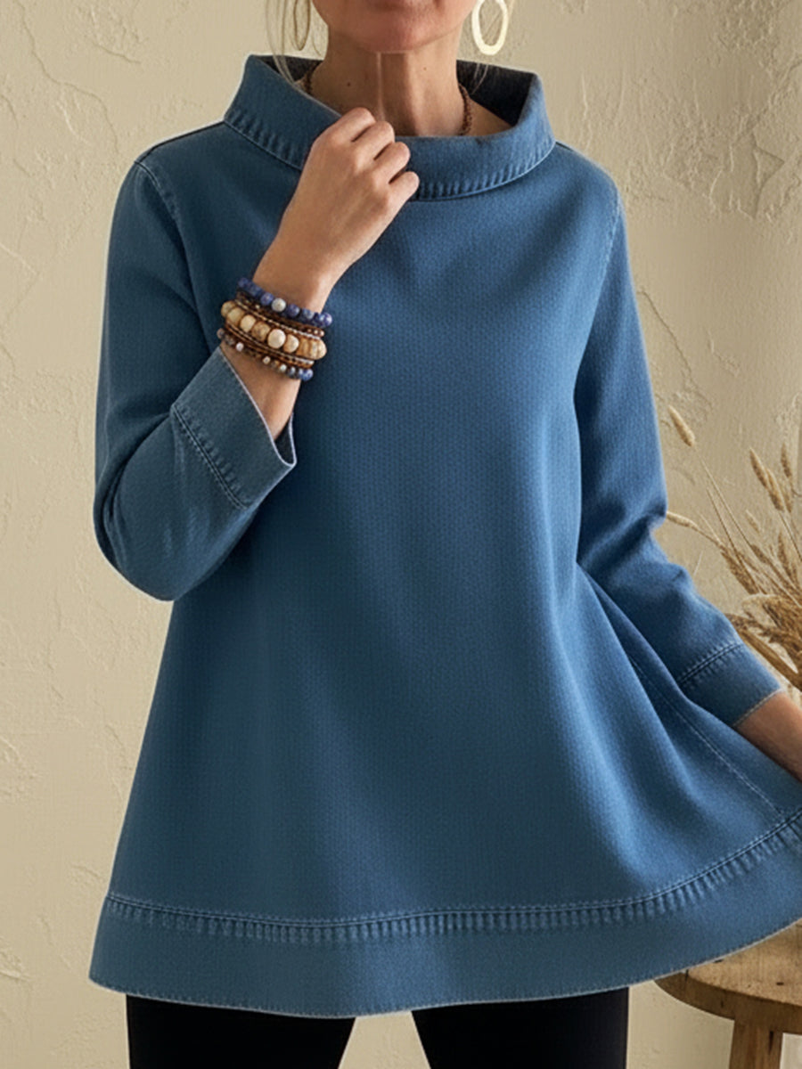 Elegant Mock Neck A-line Denim Cotton Top