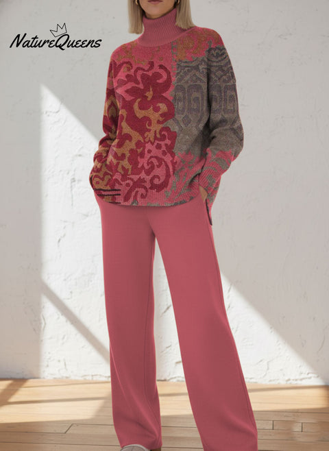 Women's Retro Pattern Art Print Casual Knitted Cotton Top Pants Suit