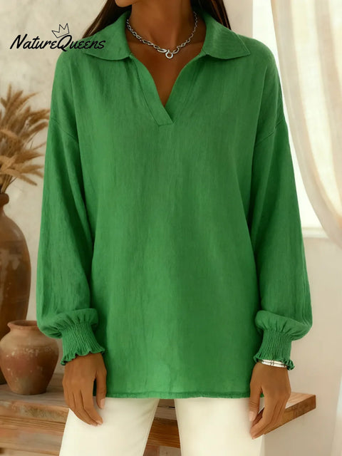 Cozy Polo Collar Lantern Sleeve Linen Shirt Top