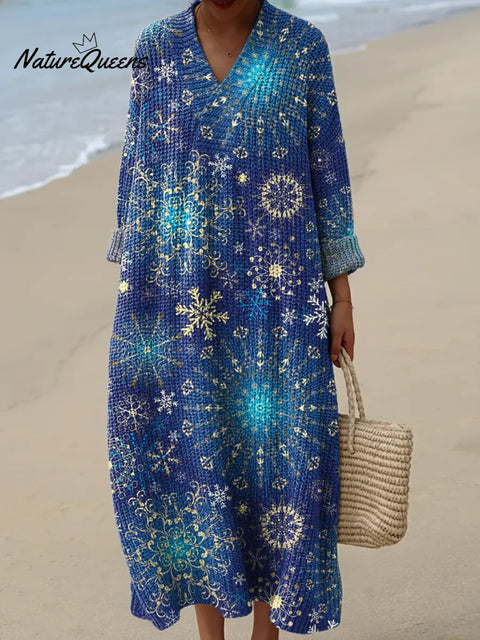 Women's Snowflake Pattern Art Print Casual Cotton Knitted Dress