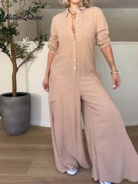 Women's Solid Color Shirt Collar Long Sleeve Casual Loose Jumpsuit