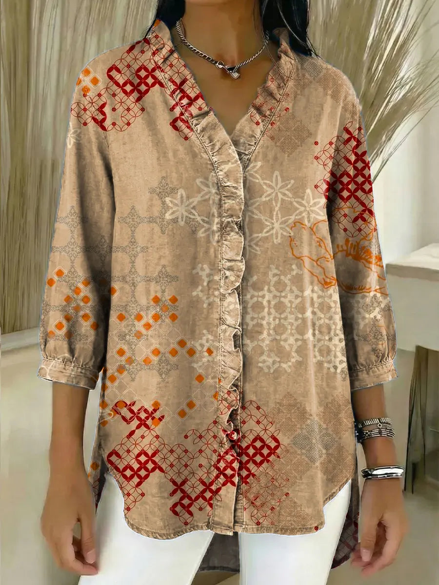 Women's Vintage Pattern Art Print Casual Ruffled Denim Shirt