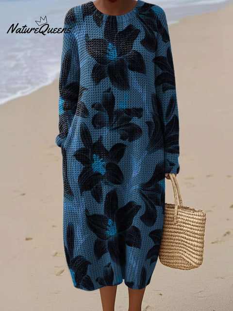 Elegant Floral Decorative Patterns Women's Casual Round Collar Long Sleeve Dress