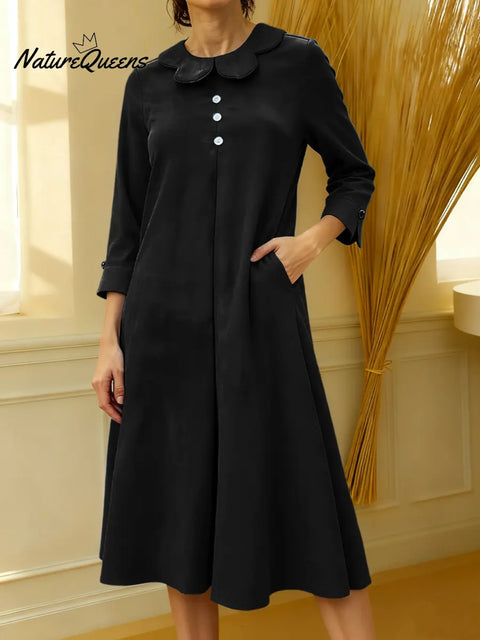 Women's Solid Color Petal Collar Long Sleeve Casual Loose Velvet Dress