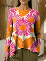 Women's Flowers Colorful Round Neck Casual Print Long-sleeved Ruched T-shirt