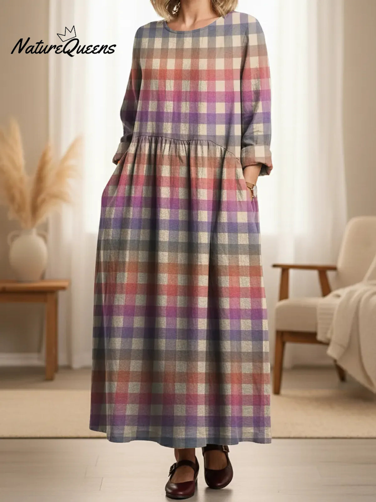 Women's Retro Color Gradient Stripes Print Pocket Cotton Dress