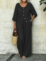 Women's Drawstring Button Top And Loose Casual Pants Two-piece Set
