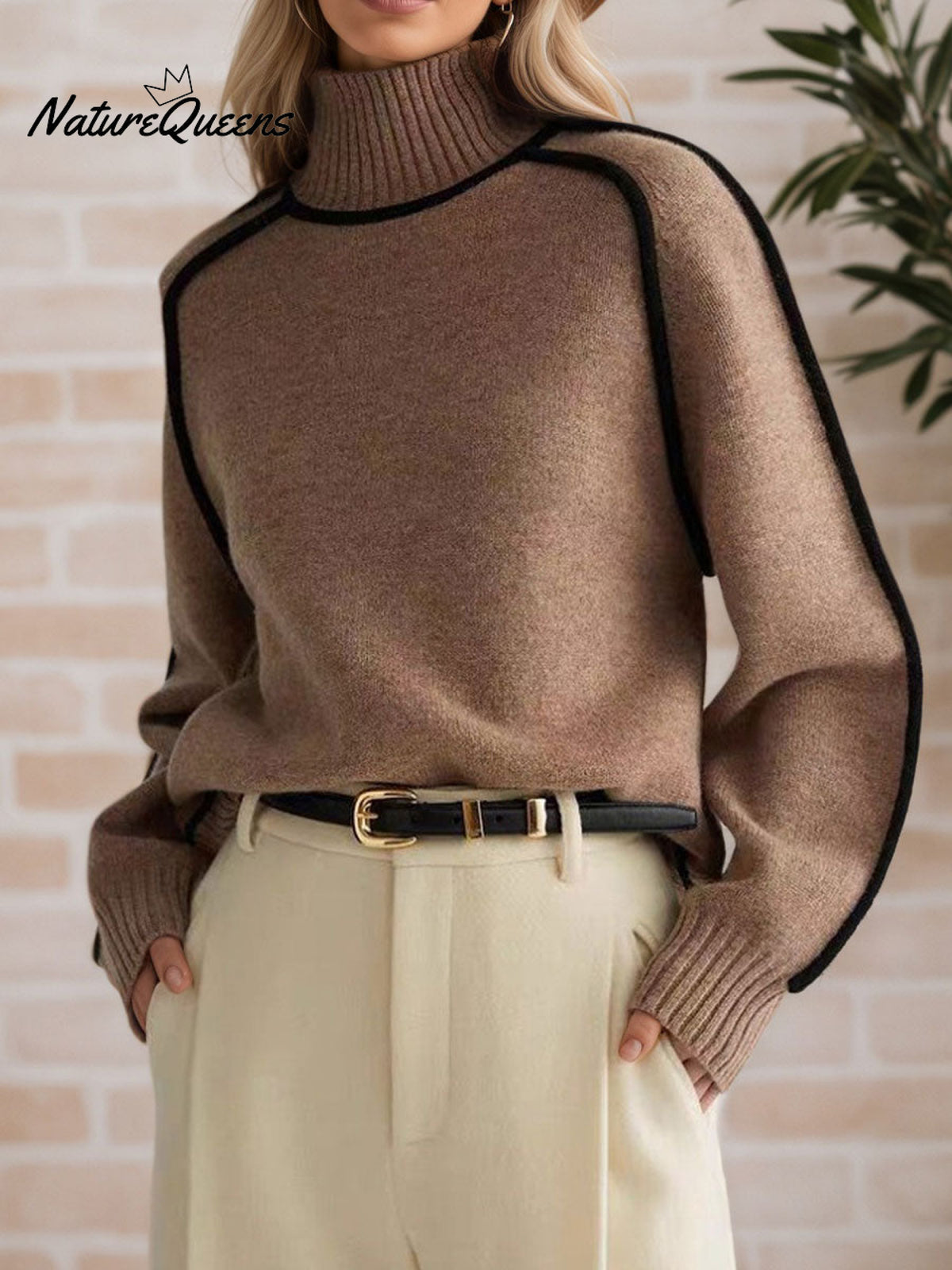 Women's Solid Color High Neck Ribbed Knit Sweater