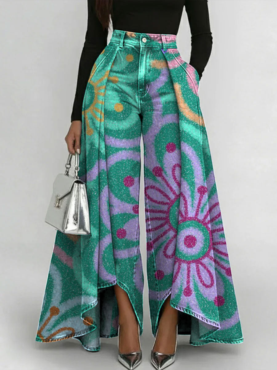 Women's Geometric Gradient Flowers Patchwork Print High-waisted Relaxed Wide-leg Jeans