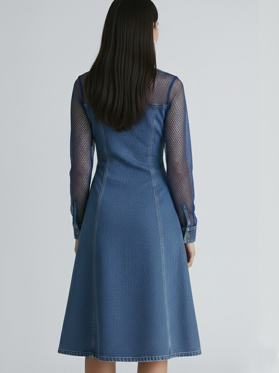 A Stylish Denim Dress With Mesh Sleeve Paneling.