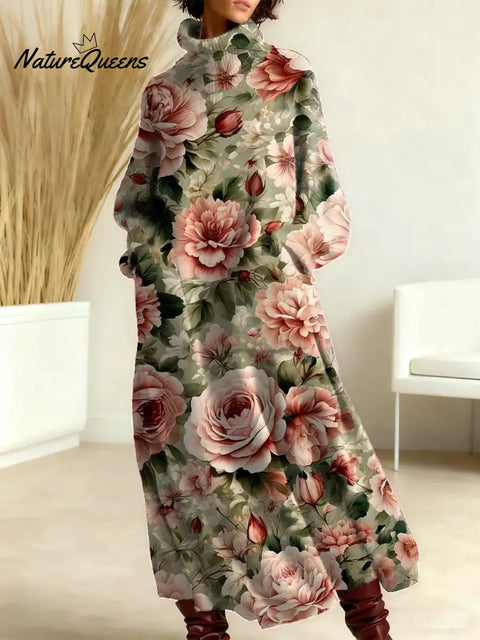 Women's Floral Pattern Art Print Casual Cotton Knitted Dress