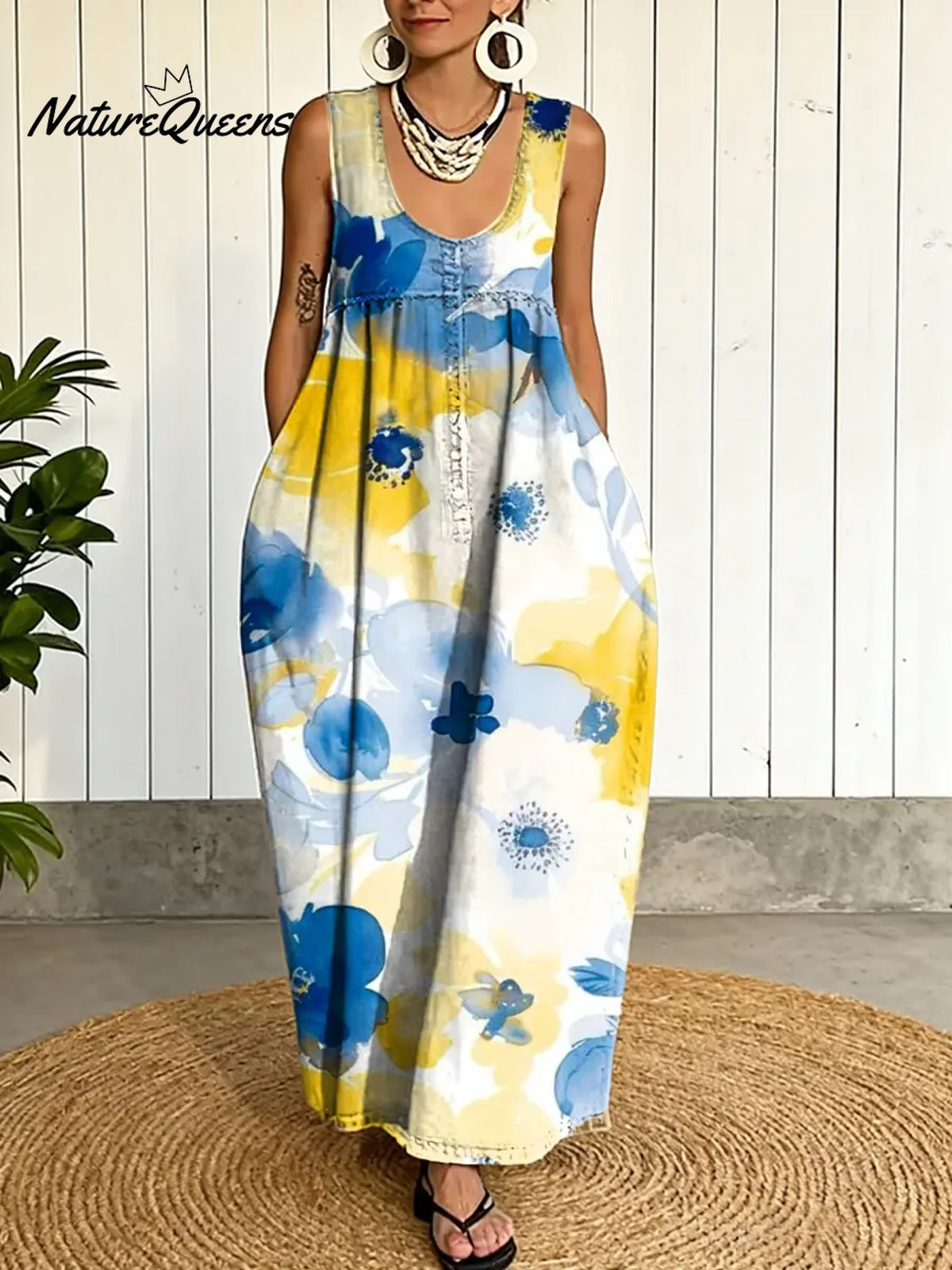 Women's Floral Pattern Art Print Casual Cotton Denim Dress