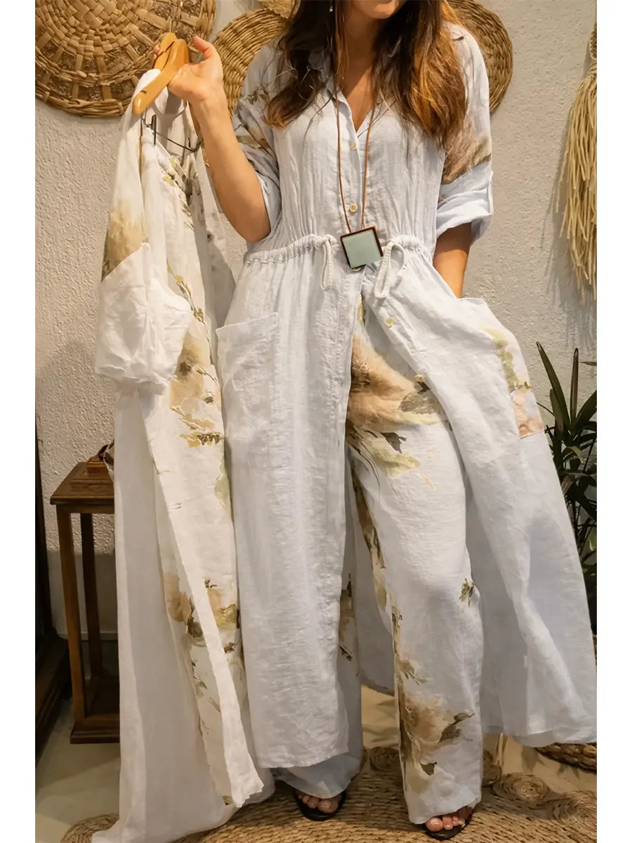 Women's Casual Floral Print Linen And Cotton Long Shirt And Pants Two-piece Set