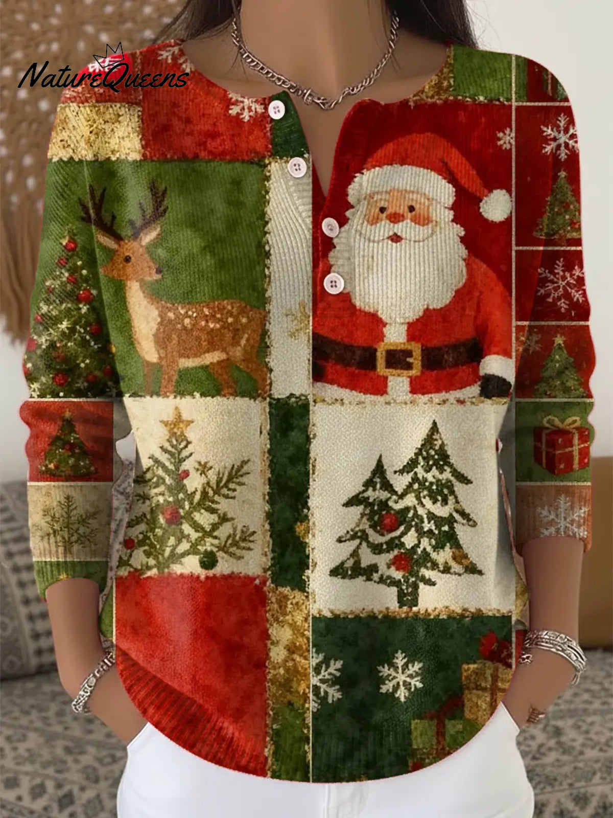 Women's Christmas Pattern Art Print Casual Cardigan Sweater