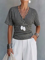 Slimming V-neck Striped Top With Batwing Sleeves And A Fitted Waist