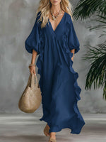 Women's Solid Color V-neck 3/4 Sleeve Casual Loose Cotton And Linen Dress