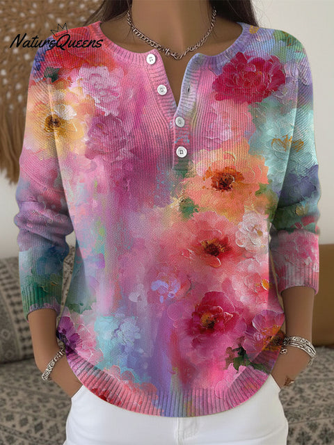 Women's Multicolor Flowers Pattern Art Print Buttoned Cardigan Sweater