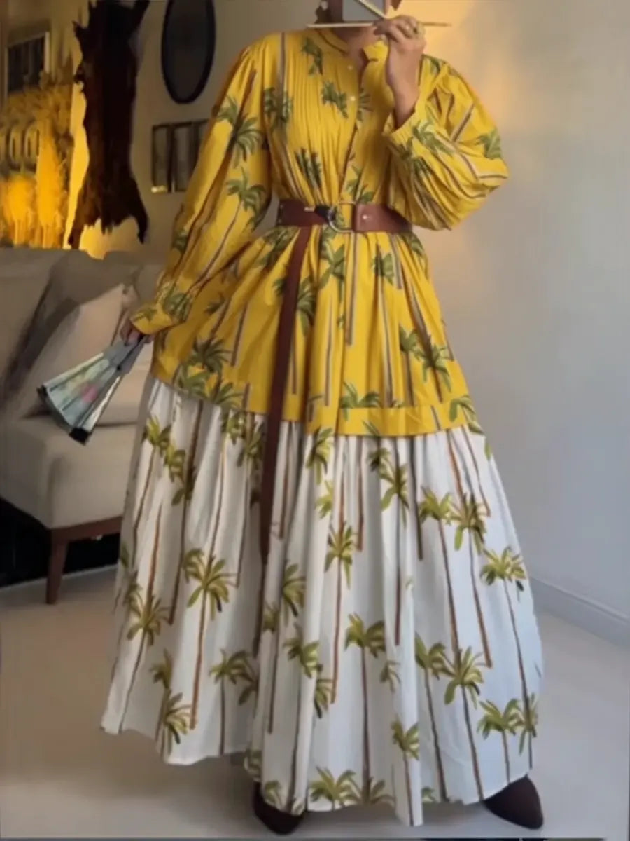 Women's Palm Tree Print Resort-style Patchwork Cotton Dress