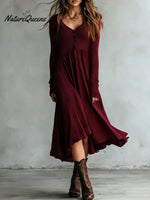Women's Solid Color V-neck Long-sleeved Loose A-line Knitted Dress