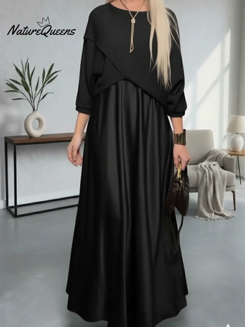 Elegant Cozy Knit Top And Satin Dress Two-piece Set