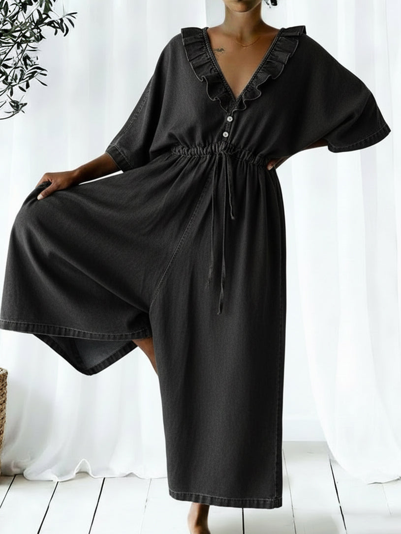 Casual Ruffled Collar Loose Denim Jumpsuit