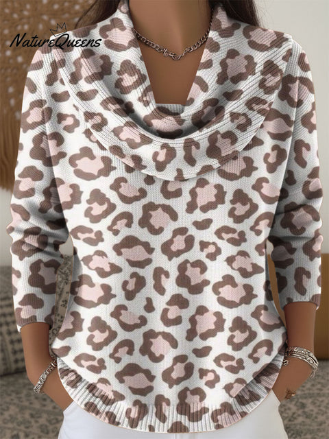 Pink Leopard Print Decorative Pattern Women's Casual Swing Collar Long Sleeve Sweater
