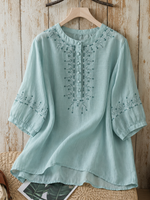Embroidered, Artsy-retro Style, Pullover, 3/4-sleeve, Loose-fit Cotton-linen Shirt (lightweight)