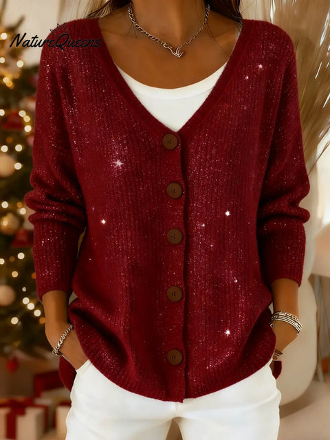 Women's Solid Color V-Neck Casual Loose Sequined Knit Cardigan