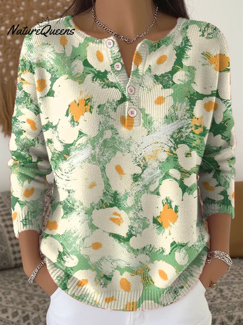 Women's Floral Pattern Art Print Buttoned Cardigan Sweater