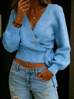 Women's Solid Color V-neck Tie-waist Long-sleeved Sweater