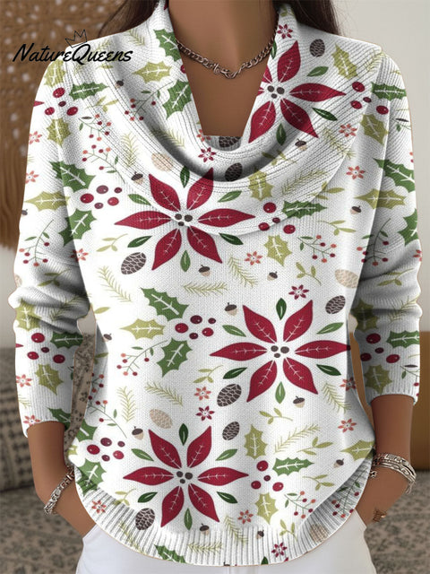 Christmas Floral And Plant Decorative Patterns Women's Casual Swing Collar Long Sleeve Sweater