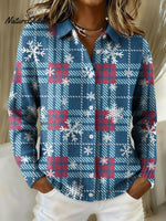 Women's Vintage Christmas Checkered Snowflakes Pattern Art Print Cowl Neck Sweater