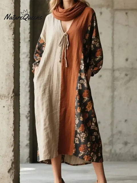 Women's Color-blocked V-neck Cotton Linen Dress