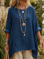 Casual V-neck Pocketed Irregular Hem Cotton And Linen Shirt