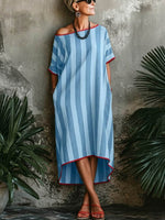 Women's Striped Print Round-neck Short-sleeve Casual Loose Cotton-linen Dress