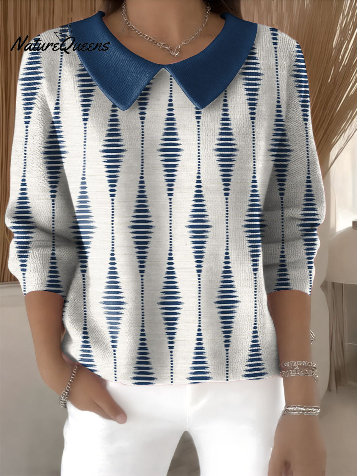 Linear Geometric Rhombus Decorative Pattern Women's Casual Peter Pan Collar 3/4 Sleeve Sweater