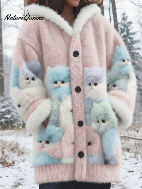 Winter Forest Cute Cat Faux Mink Fleece Button Coat