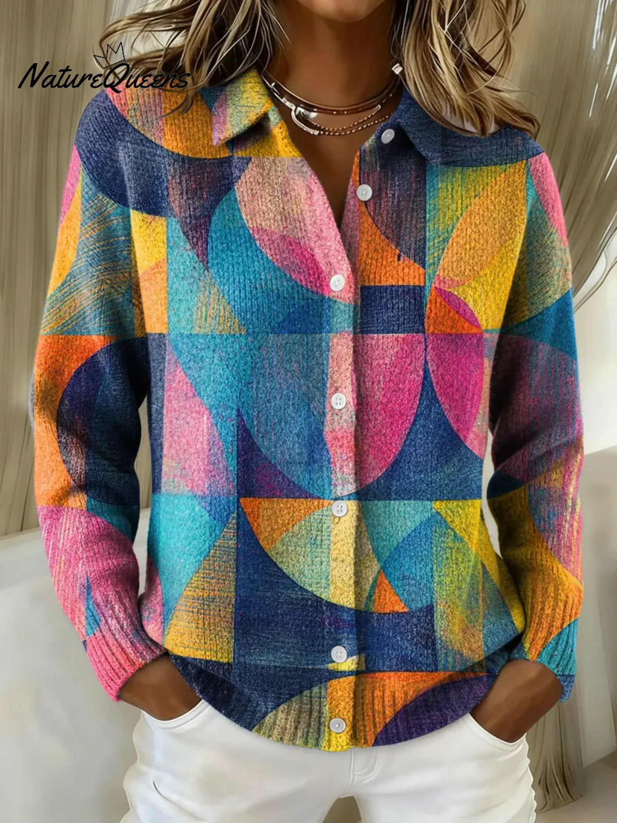Women's Colorful Abstract Geometry Printed Collared Sweater