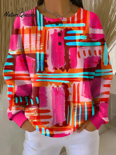 Women's Abstract Pattern Art Print Casual Waffle Sweatshirt