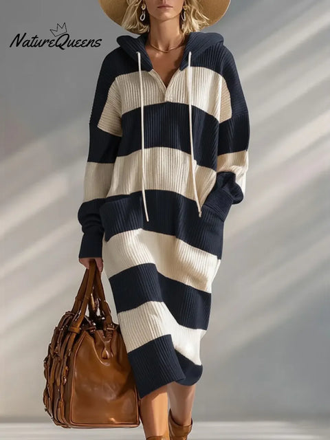 Women's Plaid Print Long-sleeved Casual Loose Hooded Knit Dress